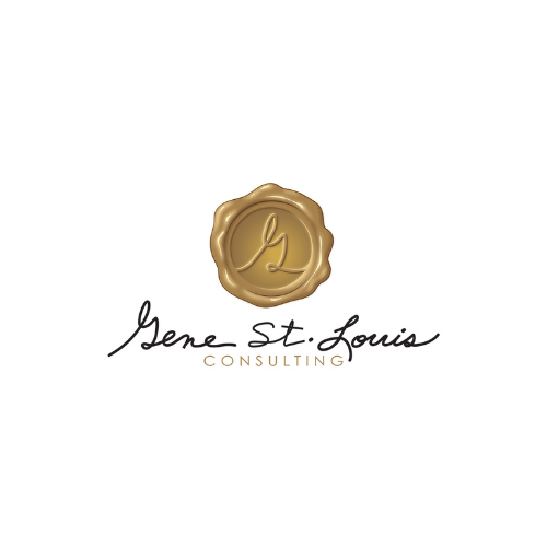 Gold wax-seal style logo with cursive “Sene St. Louis” and small “Consulting” text on white background