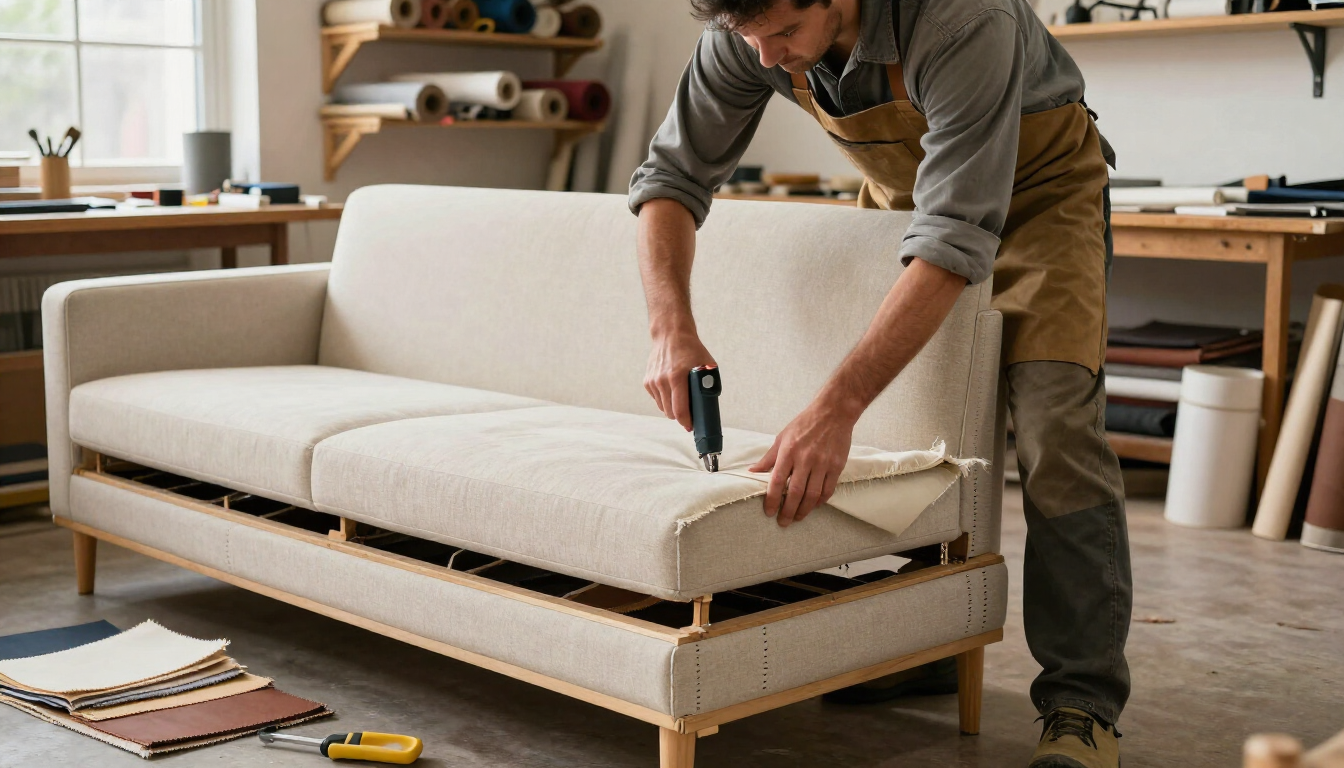 Persona montando la estructura de un sofá beige con un taladro eléctrico en una habitación que parece un taller