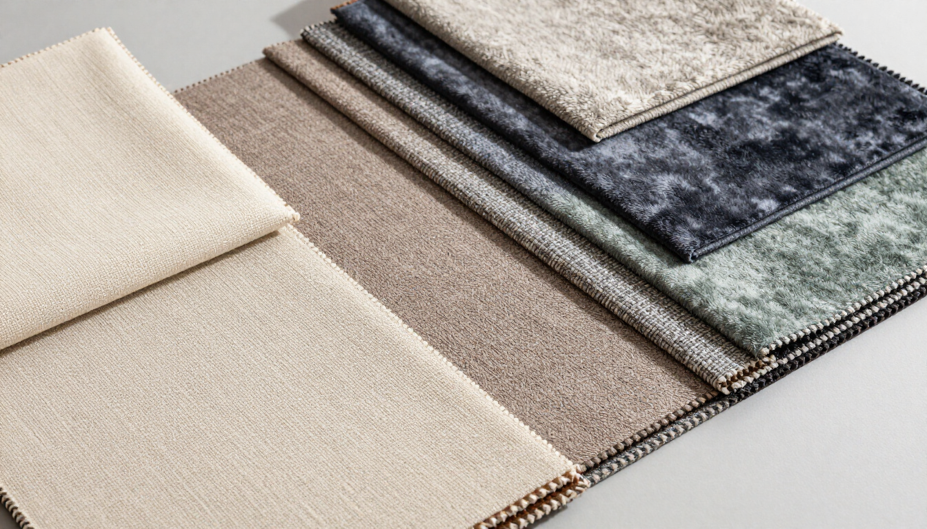 Muestras de tela apiladas en color crema, beige, gris y azul sobre una superficie clara
