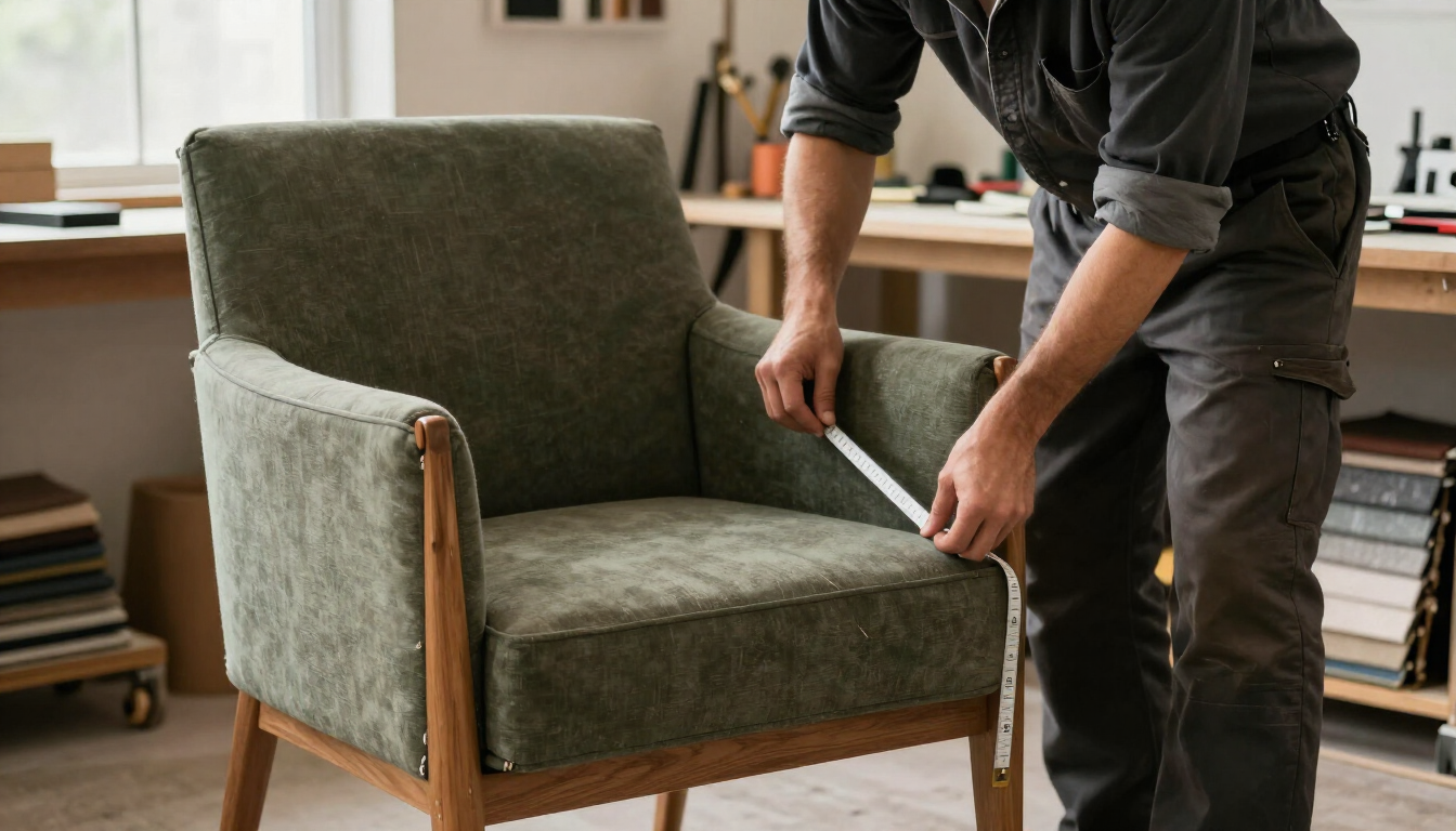 Persona midiendo un sillón verde tapizado con una cinta métrica en un taller.