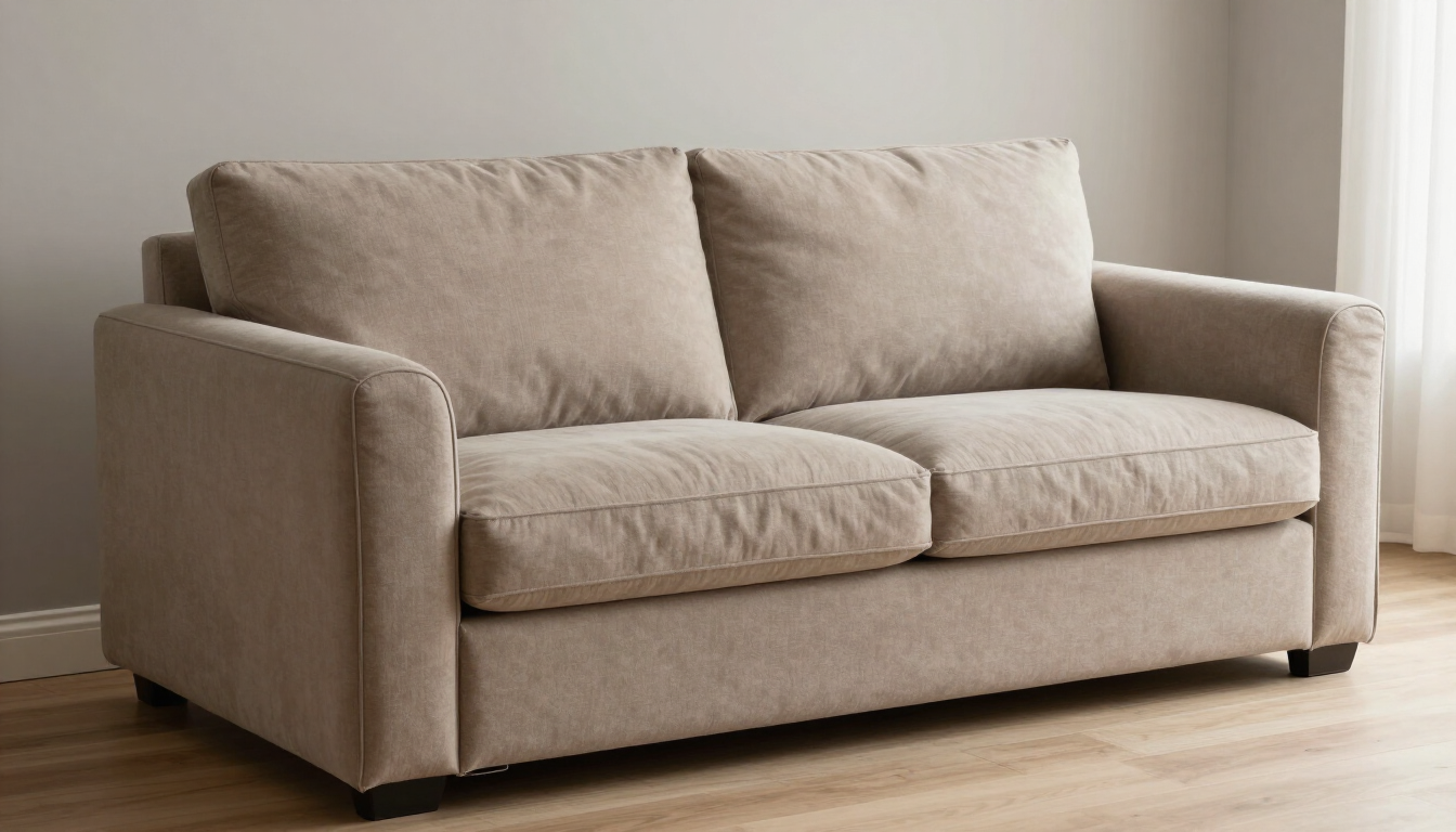 Sofá tapizado beige con dos cojines en un salón luminoso