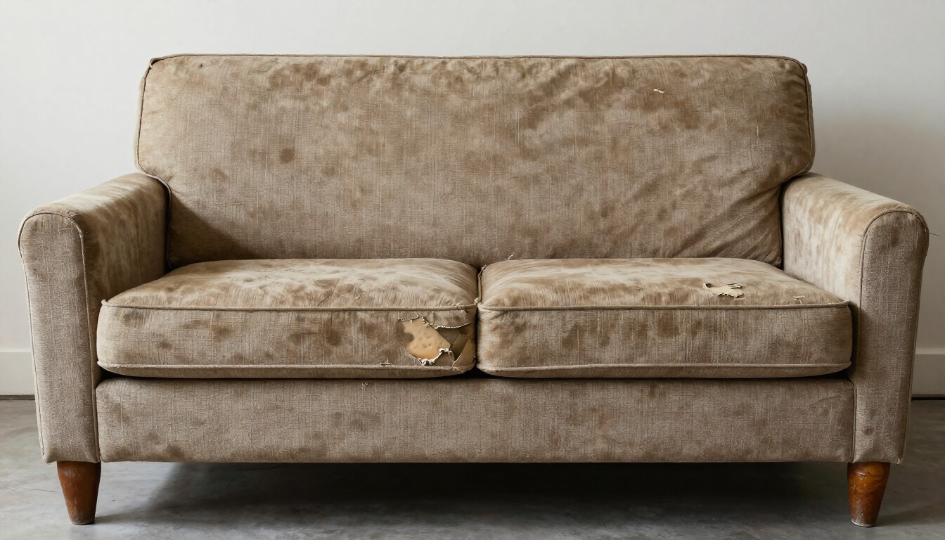 Sofá de tela beige usado, con patas de madera y manchas visibles en los cojines