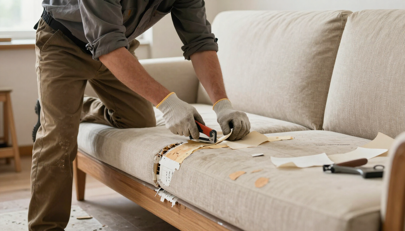 Persona tapizando un sofá beige con herramientas y tela en una sala de estar