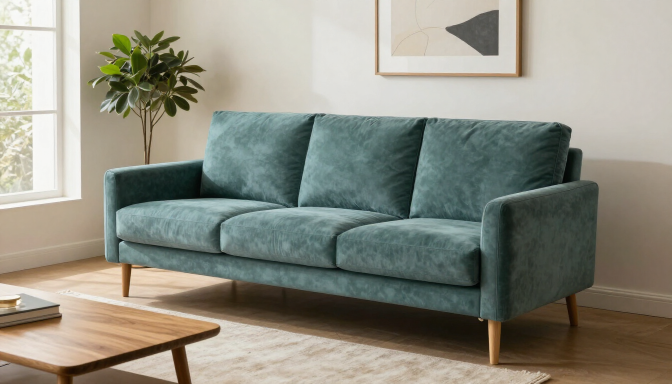 Sofá color verde azulado en una sala de estar luminosa, junto a una ventana, una mesa de centro y cuadros decorativos