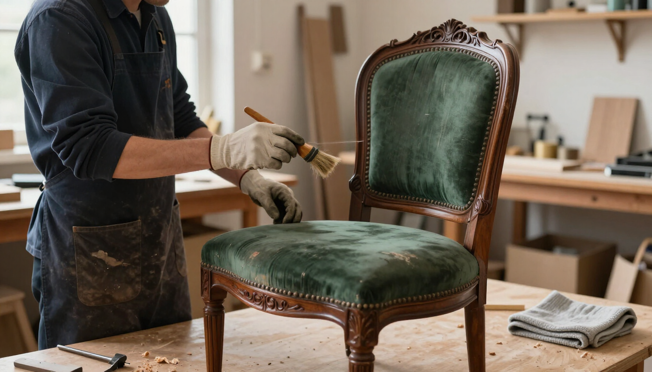Persona tapizando una silla verde vintage en un taller de carpintería