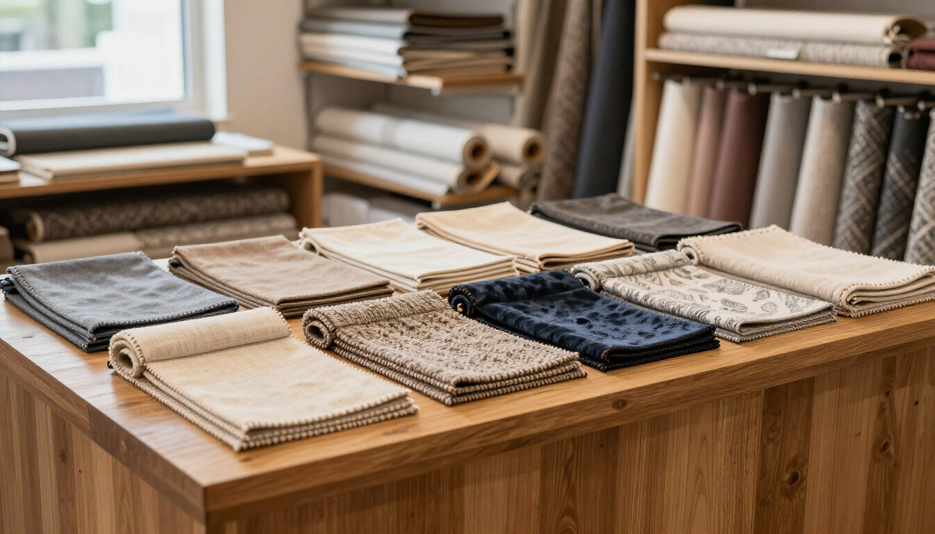 Muestras de tela dispuestas sobre una mesa de madera en una tienda de telas