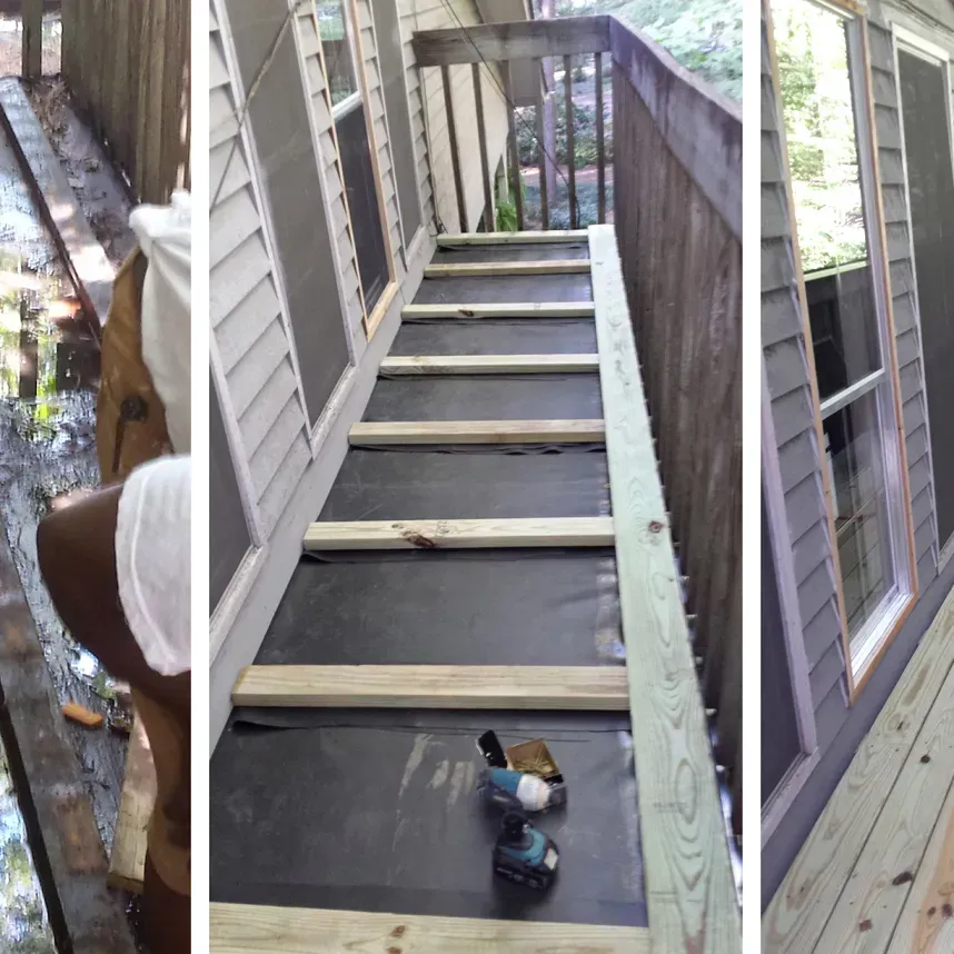 A Collage Of Three Pictures Of A Deck Being Built - Raymond, MS - Parker Roofing & Remodeling