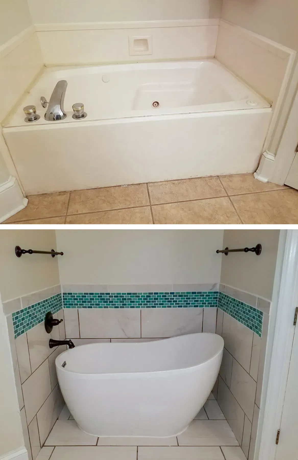 A Before And After Picture Of A Bathtub In A Bathroom - Raymond, MS - Parker Roofing & Remodeling