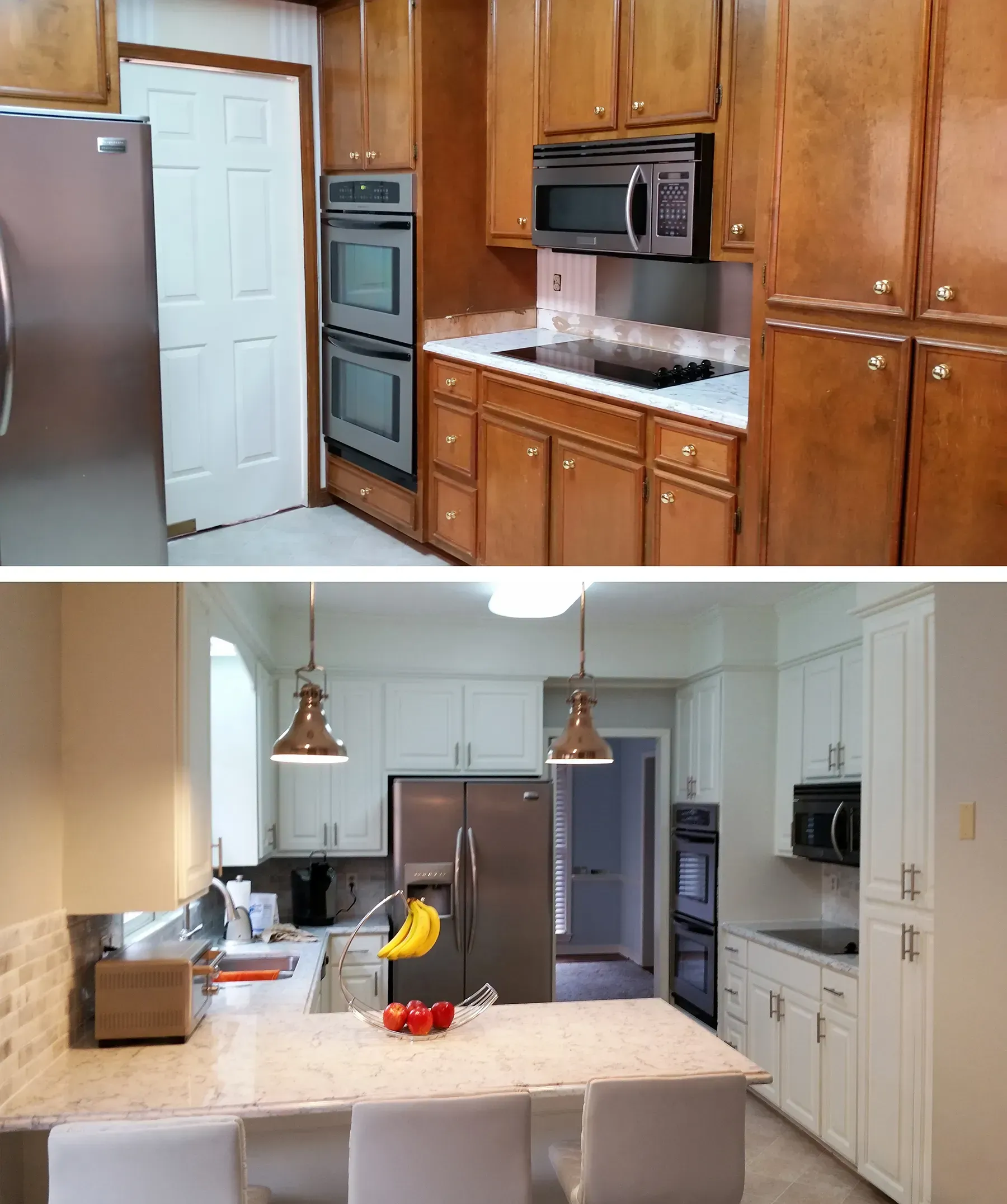 A Before And After Photo Of A Kitchen With Stainless Steel Appliances - Raymond, MS - Parker Roofing & Remodeling