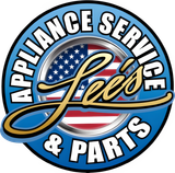 Logo for Lee's Appliance Service & Parts: blue and white text on a circular design with an American flag background.