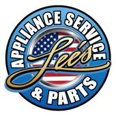 Logo for Lee's Appliance Service & Parts: blue circle, text, gold script, American flag design.