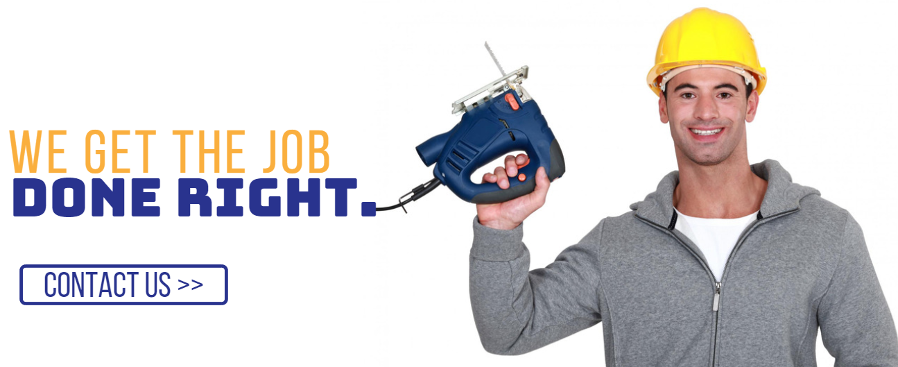 A worker in a hard hat holding a jigsaw next to the text
