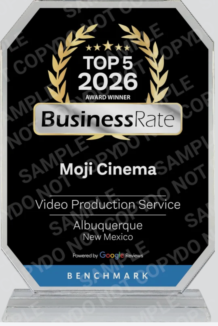 BusinessRate Top 5 2026 award plaque for Moji Cinema with black and gold design.