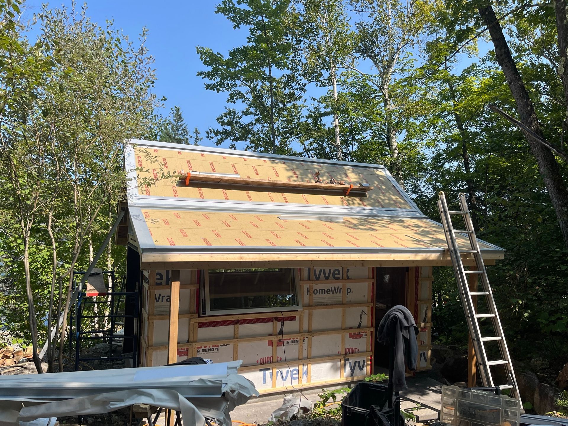 Une petite structure en bois en construction dans une forêt, avec un toit recouvert de bardage beige et une échelle métallique appuyée contre la structure.