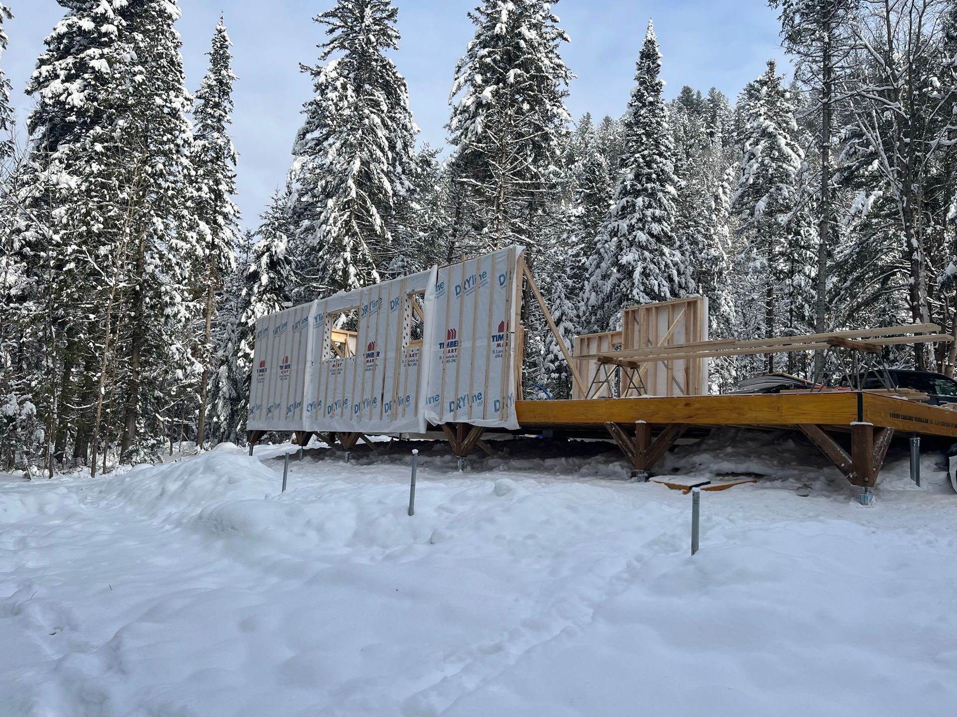 Une terrasse en bois se trouve au milieu d'une forêt enneigée.