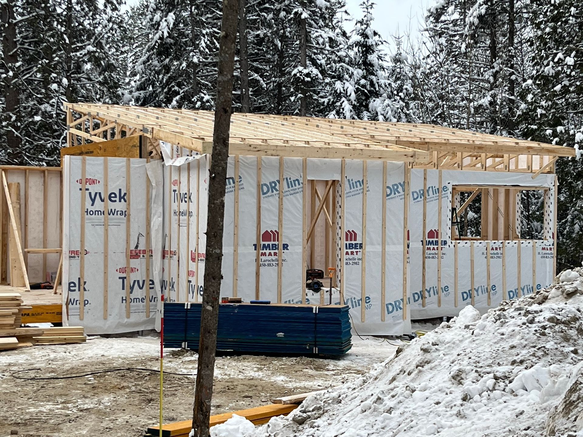 Une maison est en construction dans la neige avec un arbre au premier plan.