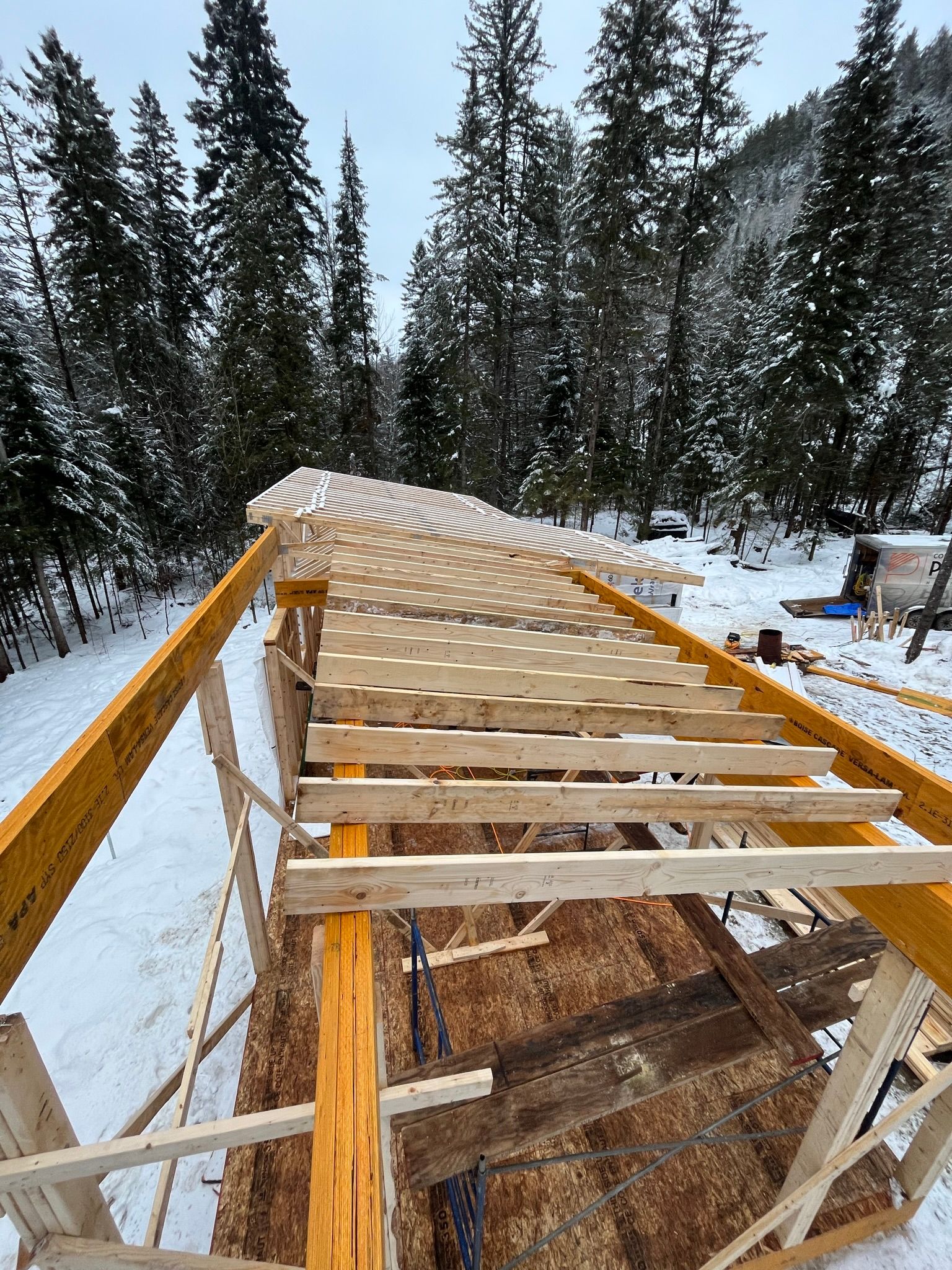 Une structure en bois est en construction dans la neige avec des arbres en arrière-plan.