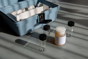 Open blue case with vials and a white-labeled medicine bottle on a striped surface.