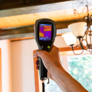 Handheld thermal camera scanning a ceiling beam indoors near a chandelier and window.