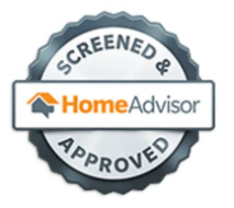 HomeAdvisor “Screened & Approved” badge in gray, white, and orange