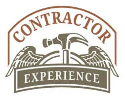 Brown logo with eagle wings and hammer, reading “CONTRACTOR” and “EXPERIENCE”