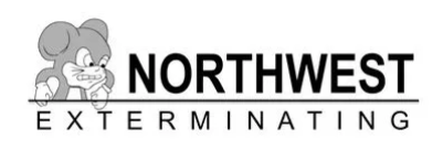 Northwest Exterminating logo with gray cartoon mouse and bold black text on white background