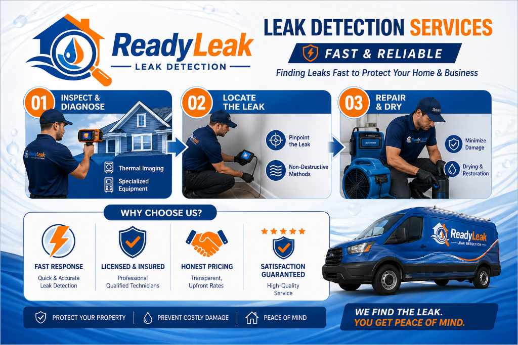 ReadyLeak leak detection services ad with technicians, house, van, and blue-orange branding