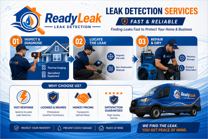 ReadyLeak leak detection services ad with technicians, house, van, and blue-orange branding