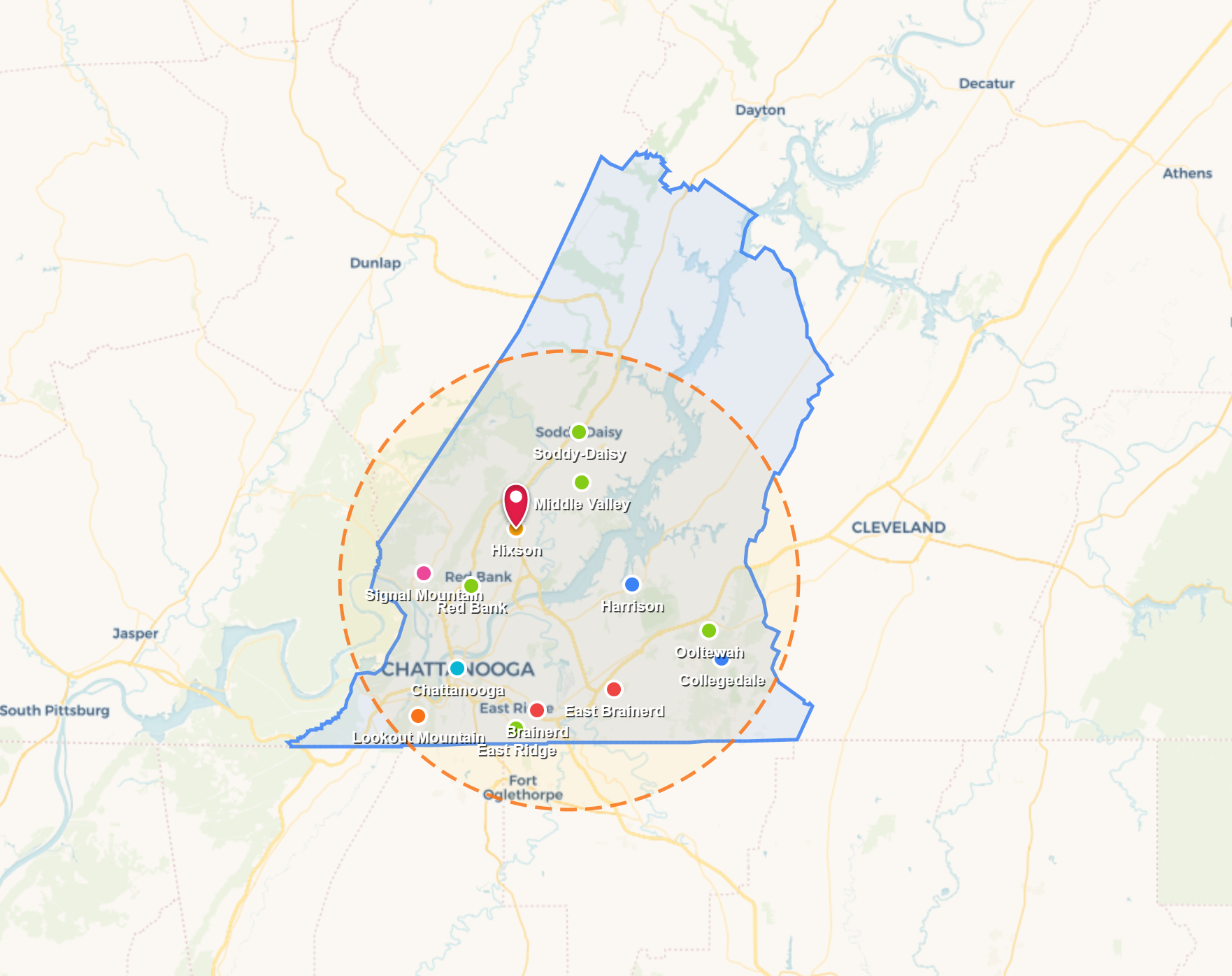 Map showing a large outlined region with multiple location markers and a highlighted circular area.