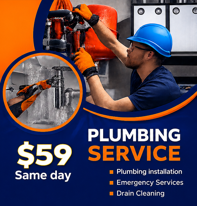Plumber in blue hard hat fixing pipes; orange ad with "$59 Same day" and "PLUMBING SERVICE" text.