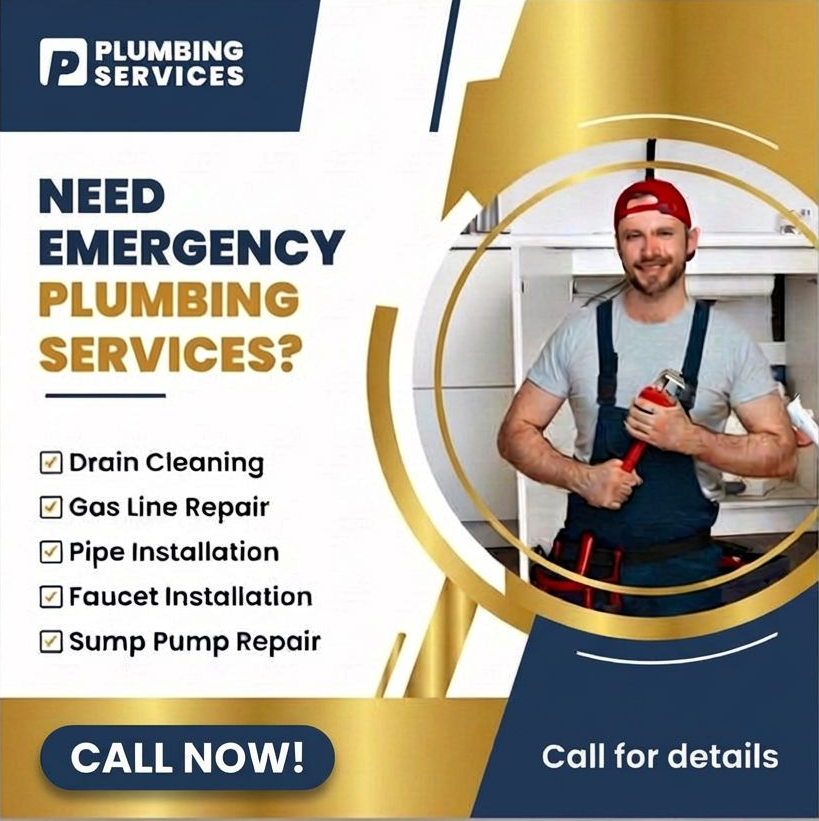 Emergency plumbing services ad with plumber, gold and white design, and call now button