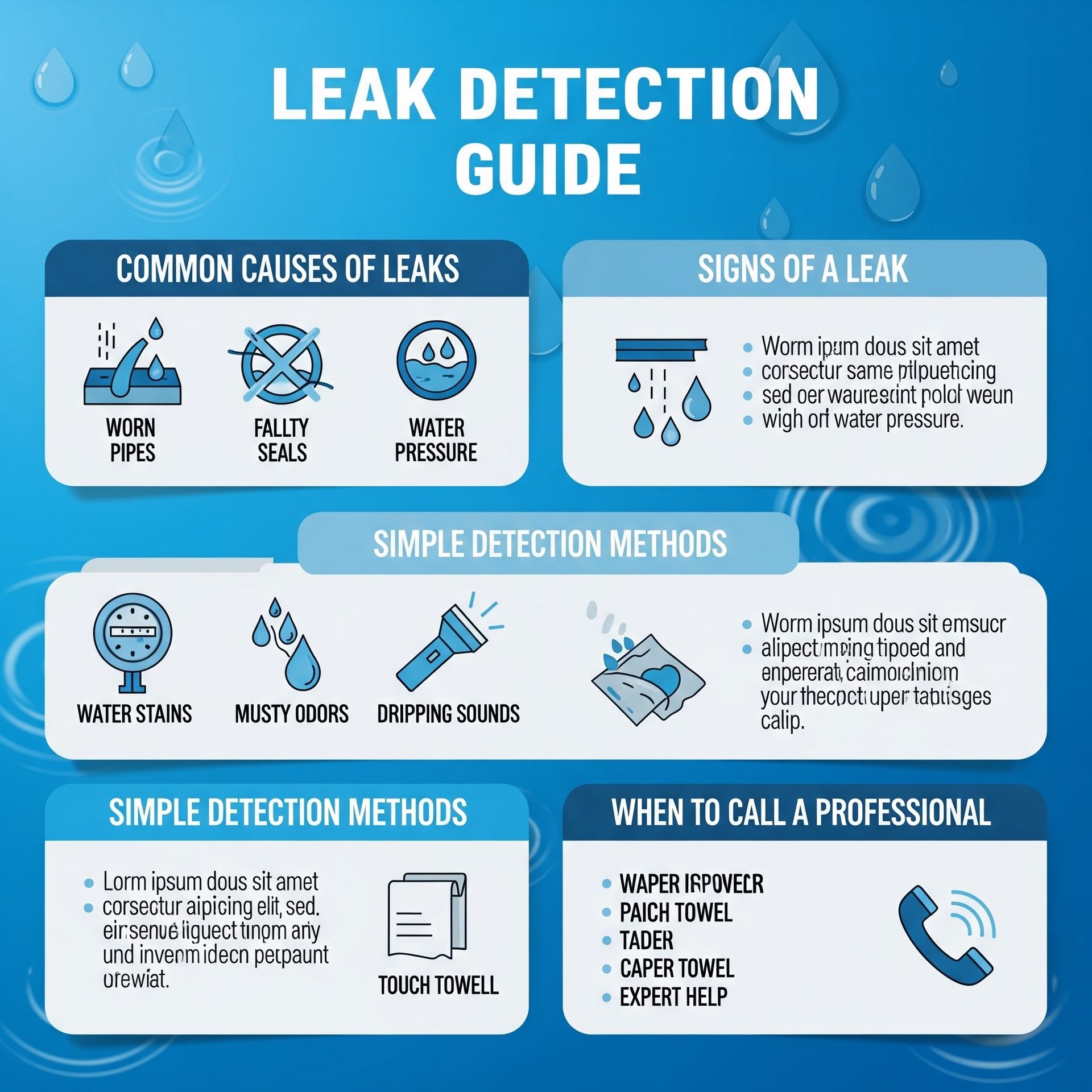 Blue leak detection guide infographic with causes, signs, simple tests, and when to call a professional.