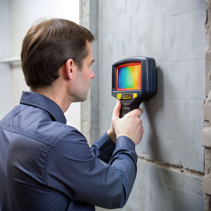 Man using a thermal camera to inspect a concrete wall for heat leaks