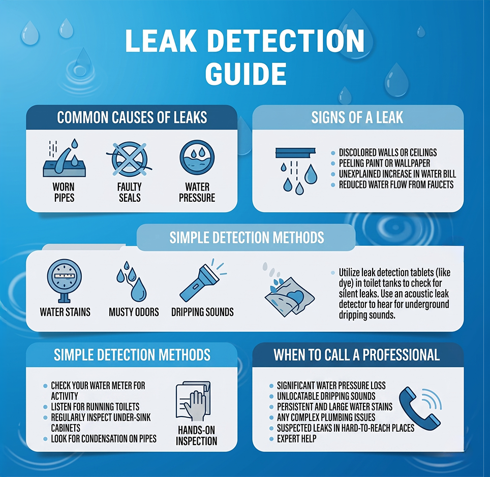 Leak detection guide infographic on blue background with tips, signs, and methods for finding leaks.