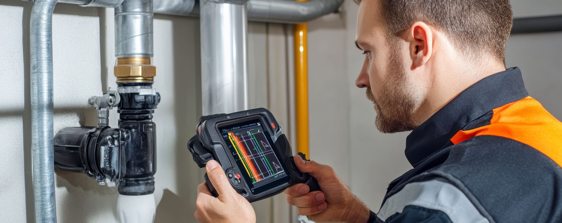 Technician inspecting a boiler with a handheld tablet in a utility room