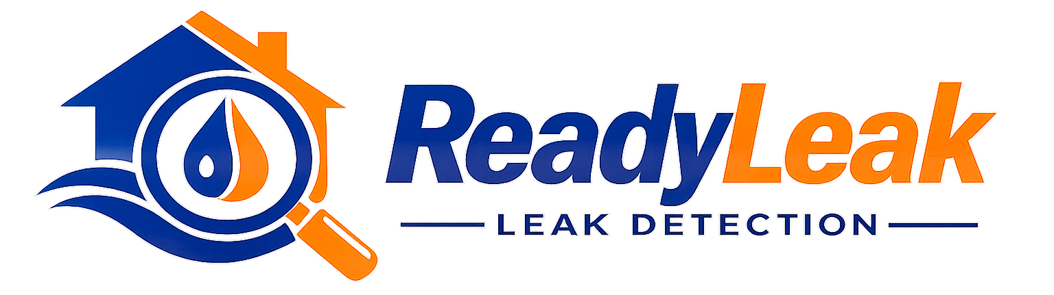 ReadyLeak logo with blue and orange house, water droplet, and magnifying glass; “LEAK DETECTION” text