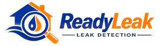 ReadyLeak logo with blue and orange house, water droplet, and magnifying glass; “LEAK DETECTION” text