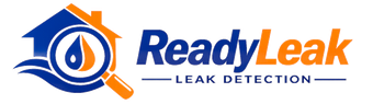 ReadyLeak logo with blue and orange house, water droplet, and magnifying glass; “LEAK DETECTION” text