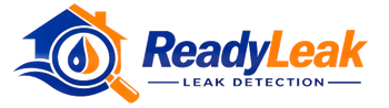 ReadyLeak logo with blue and orange house, water droplet, and magnifying glass; “LEAK DETECTION” text