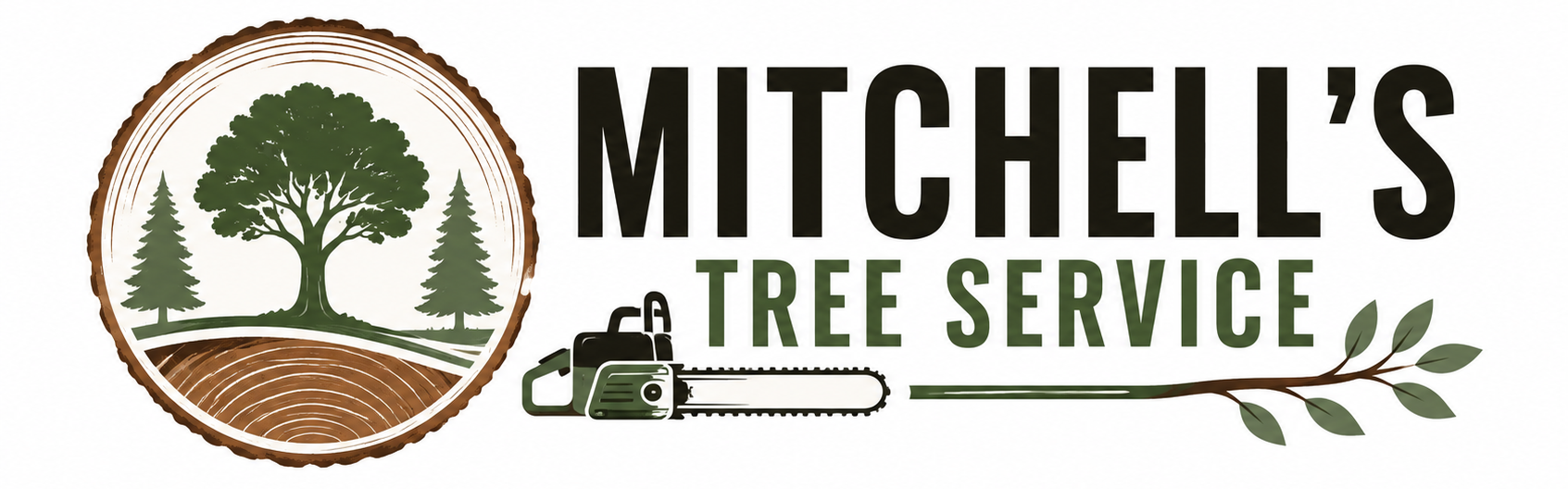 Mitchell&rsquo;s Tree Service logo with green tree emblem, chainsaw, and leaf accents on white background