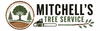 Mitchell&rsquo;s Tree Service logo with green tree emblem, chainsaw, and leaf accents on white background