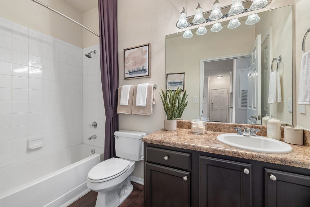 a bathroom with a toilet, sink, tub, and mirror at Marquis Carmel Valley in Charlotte, NC.