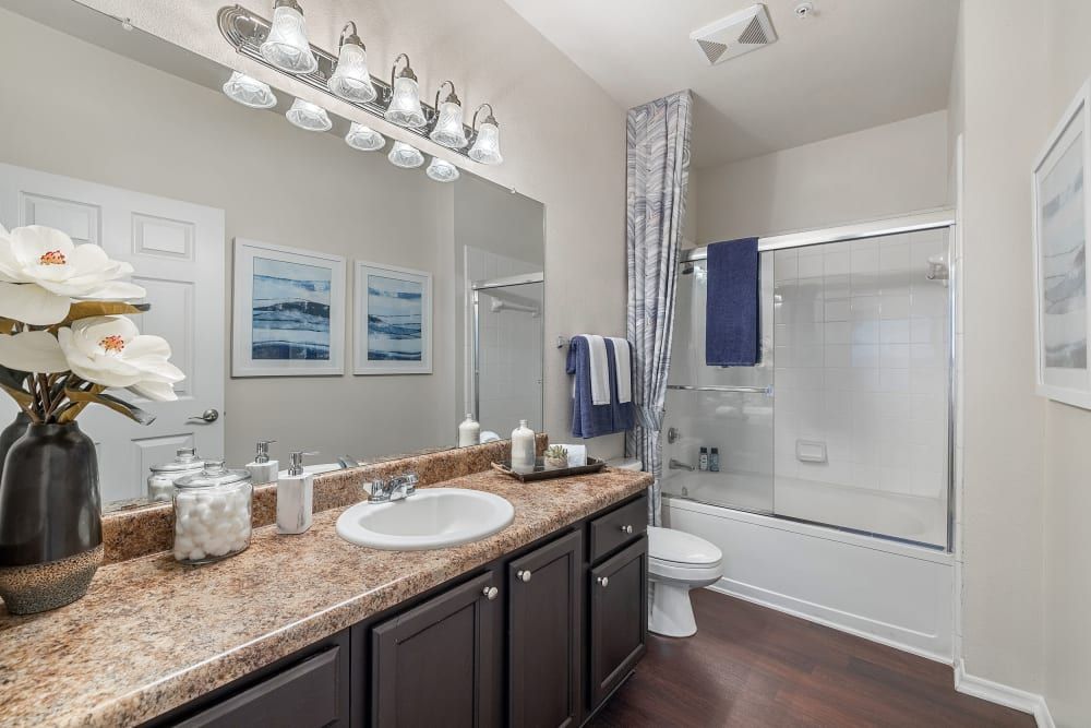 a bathroom with a sink, toilet, bathtub, and mirror at Marquis Carmel Valley in Charlotte, NC.