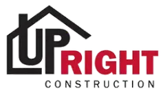 UPRIGHT Construction logo with black and red text and a roof-shaped line above the wordmark
