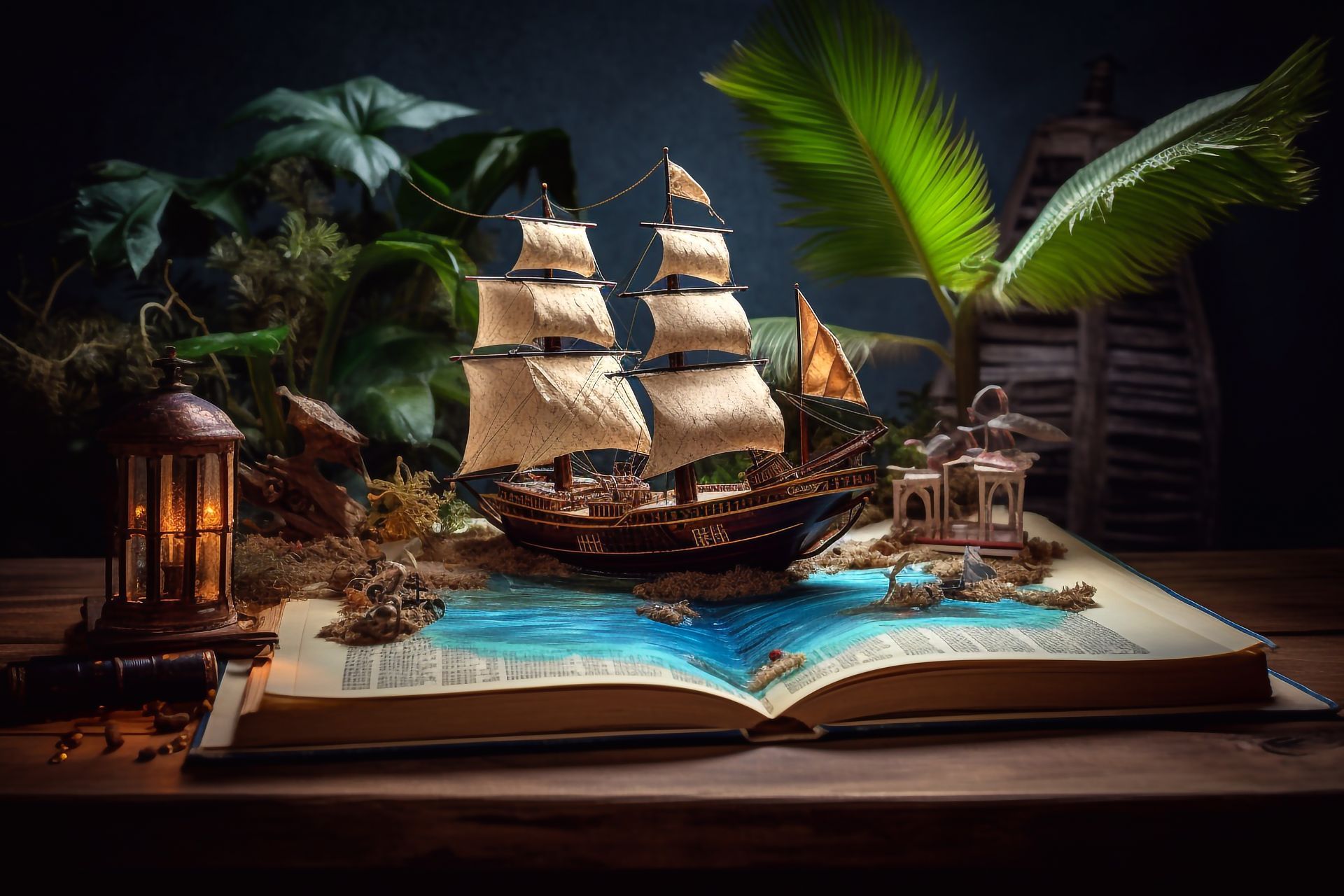 Un bateau pirate flotte sur un livre ouvert posé sur une table en bois.