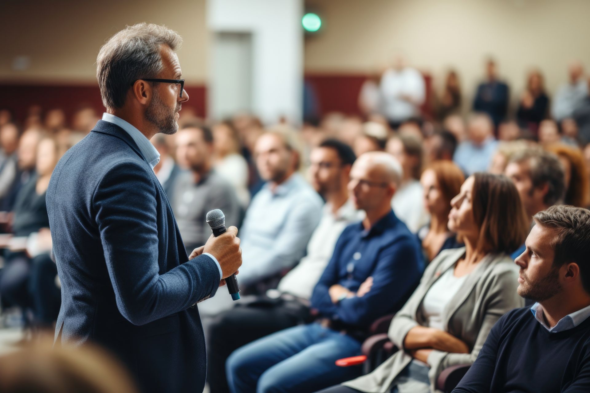Un homme fait une présentation à une foule de personnes dans une salle de conférence.