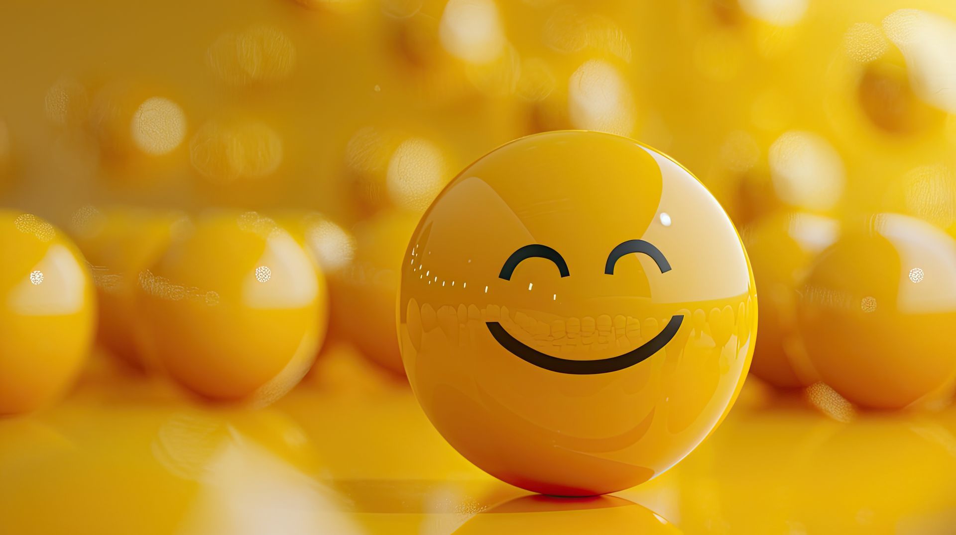 Une boule jaune avec un visage souriant dessus est entourée de boules jaunes.