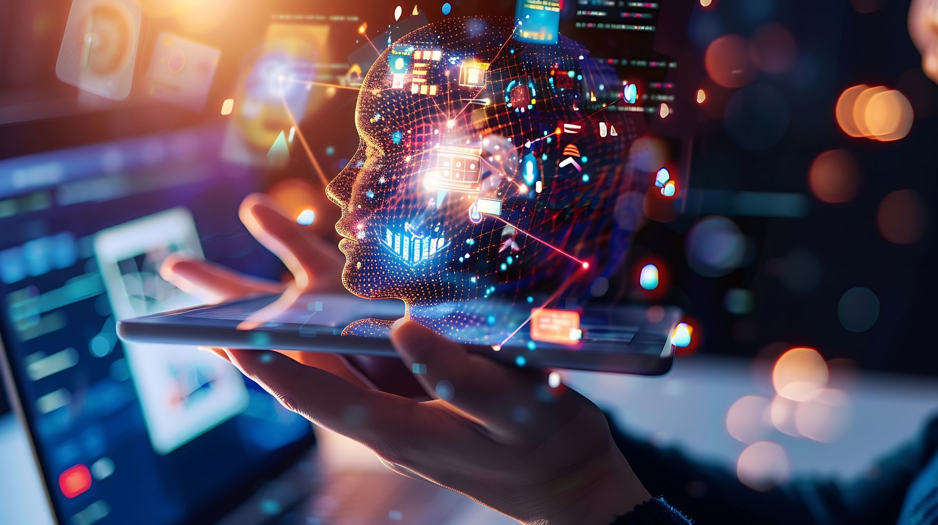 Une personne tient une tablette avec un hologramme du visage d'une personne dessus.