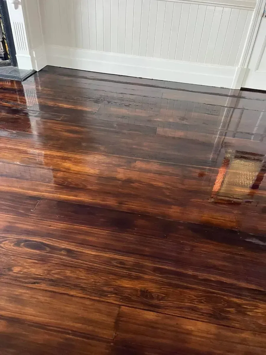 Shiny, dark brown hardwood floor reflecting light, against a white wall and trim. — Toowoomba Polished Floors in Oakey, QLD