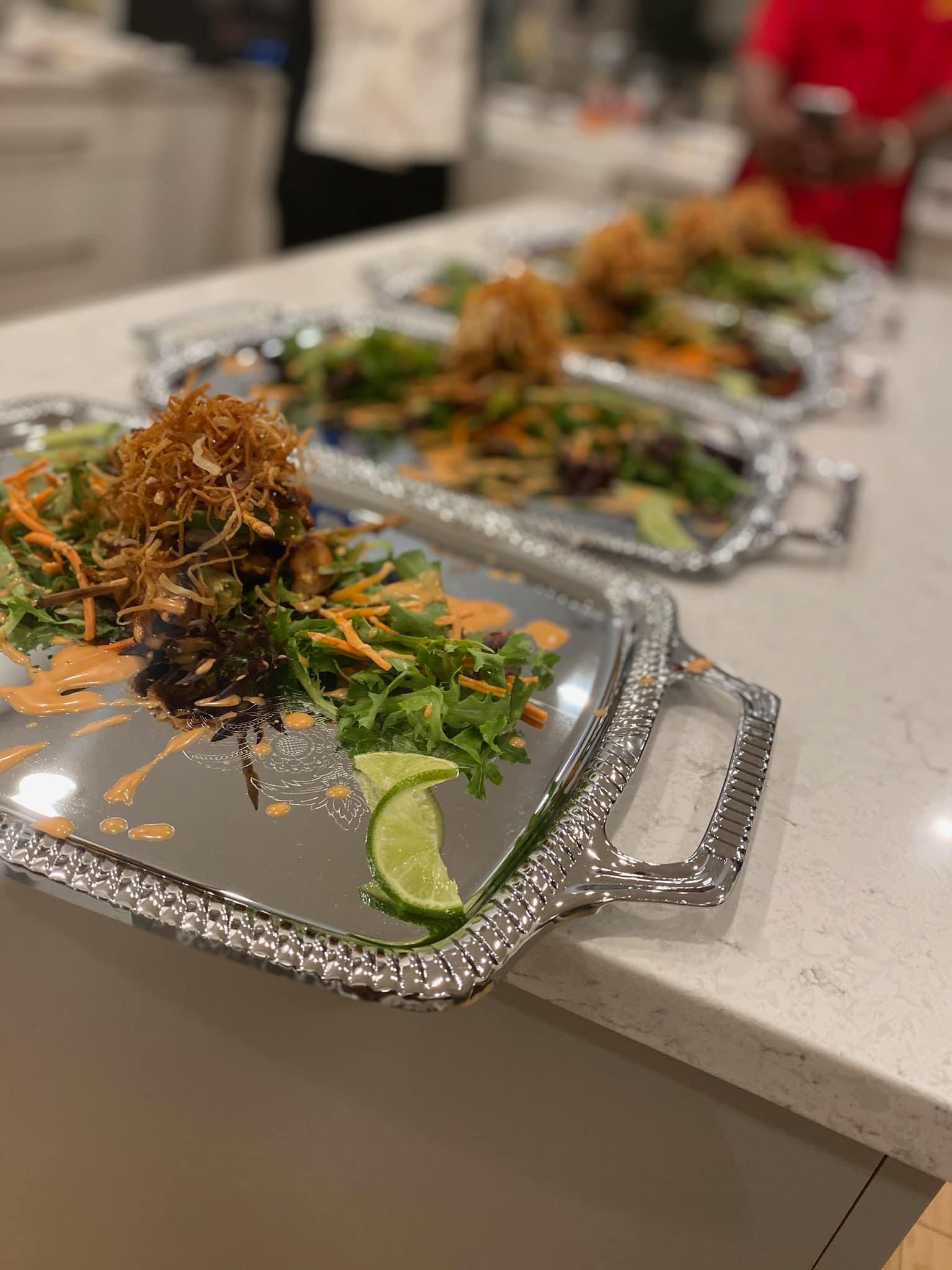 A tray of food is sitting on top of a counter.